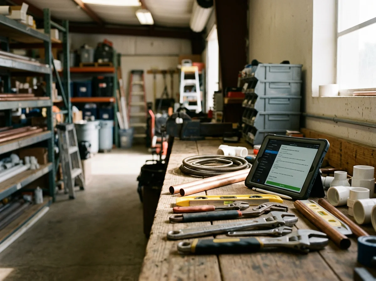 Professional plumbing and HVAC tools arranged on a work surface, representing the trades and equipment used in residential service calls.