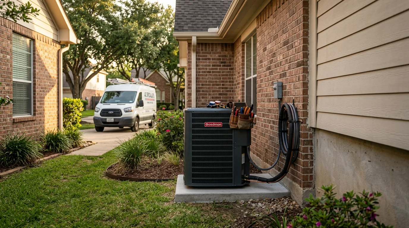 HVAC technician installing residential air conditioning unit
