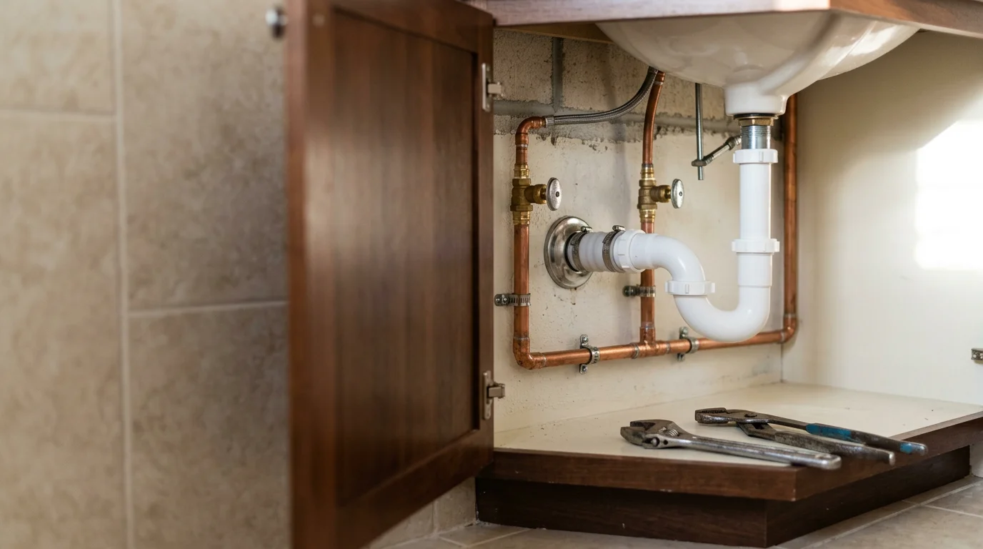 Professional plumber working on residential water line installation