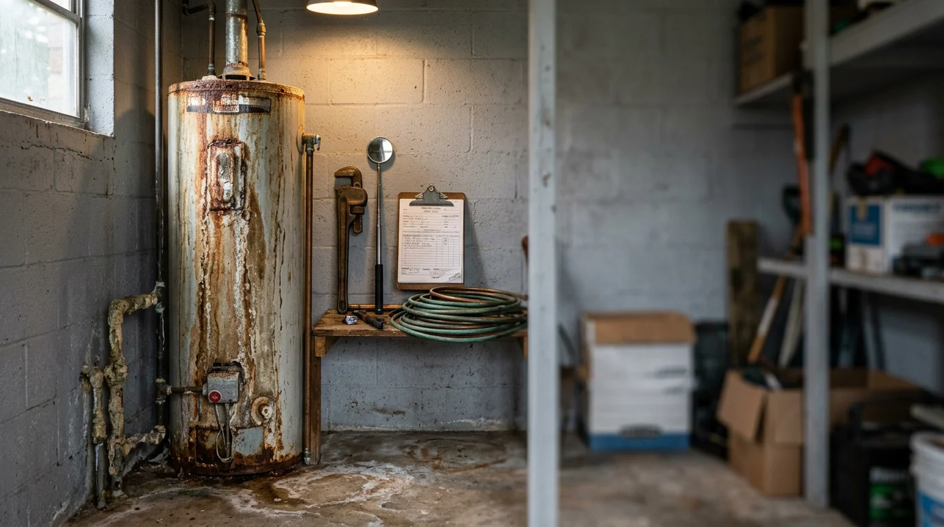 A plumber inspecting a corroded water heater in a Deer Park, TX garage utility closet with visible rust on the tank exterior.